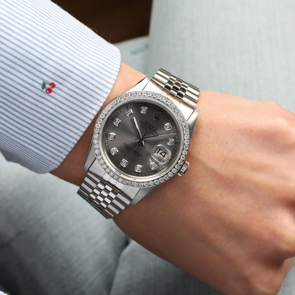 Rolex 36mm Stainless Steel Diamond Bezel Grey Dial